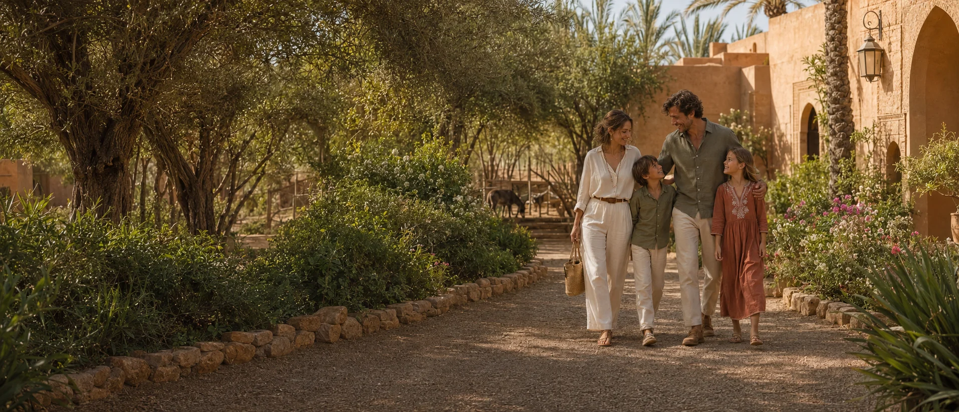 Famille en visite VIP privée à la ferme pédagogique Secret Family Farm à Marrakech